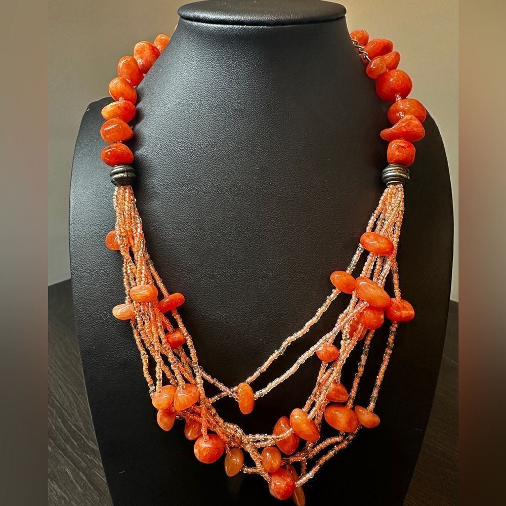 SALE! Genuine carnelian and glass‎ seed bead with silver tone hardware necklace!